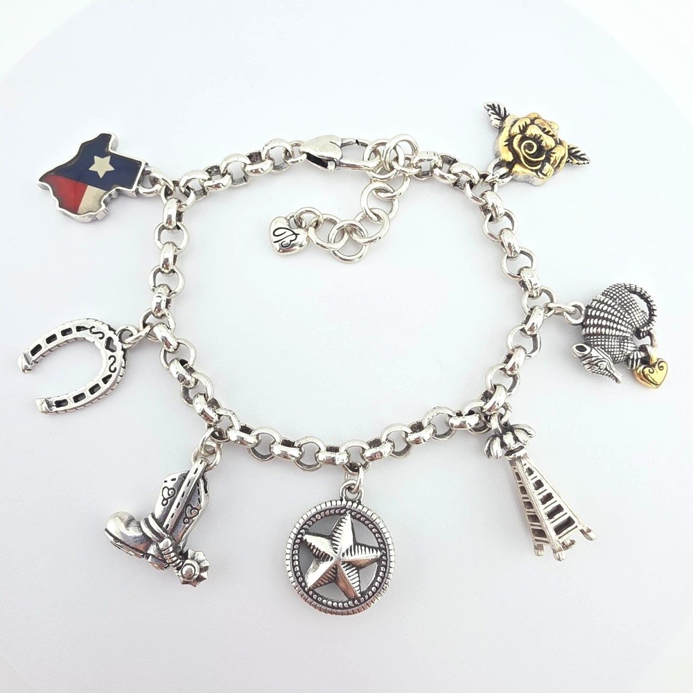 BRIGHTON 'Texas State' Charm Bracelet Armadilllo State Rose Boot Silver Plate 8"